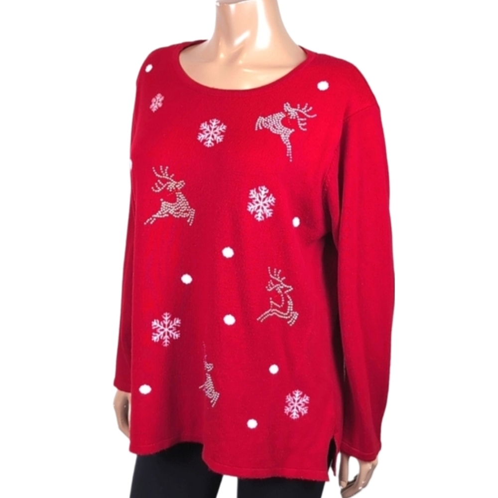 Vintage Reindeer Christmas Sweater Studded Snowflake Festive Holiday Size 1XL